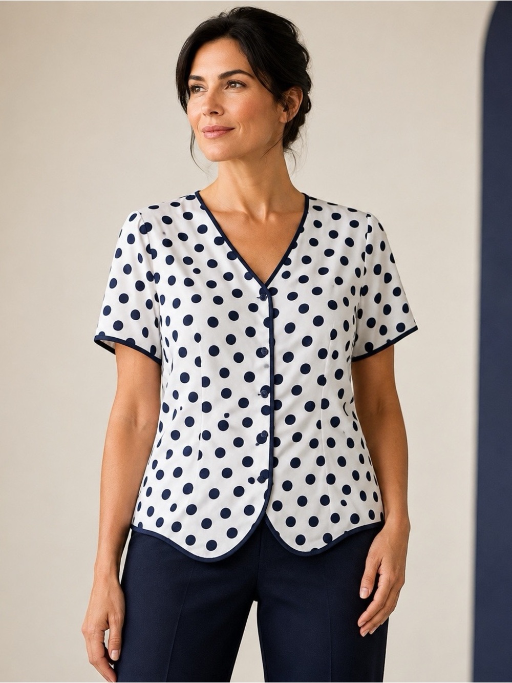 Lauren Lee Polka Dot Button Front Blouse White Navy Short Sleeve L
